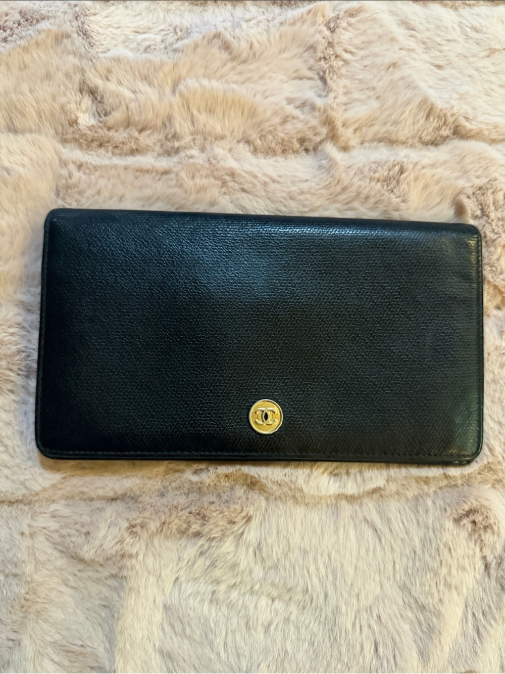 CHANEL Black Leather Long Wallet with Gold CC Button